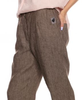 spodnie z tkaniny 100% len VIENA beżowo-brązowy melanż