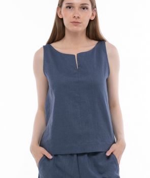 lniany top z rozcięciem PORTO niebieski jeansowy