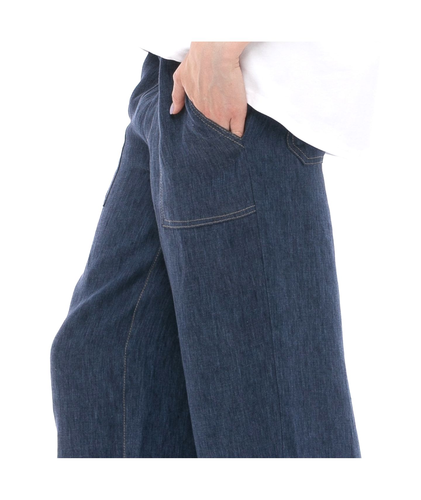 spodnie z tkaniny lnianej imitującej jeans GRAND granatowy